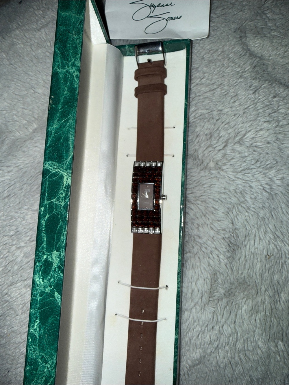 Suzanne Somers Brown Leather Strap Watch-Style Bracelet with Gem Accents